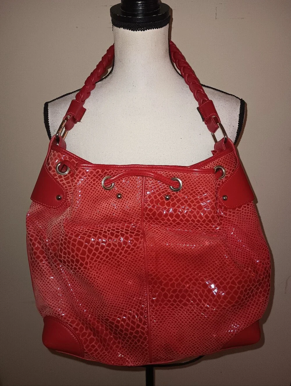 Red Snake-Texture Hobo Shoulder Bag